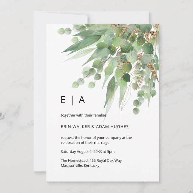 Watercolor eucalyptus green & gold leaves wedding invitation (Front)
