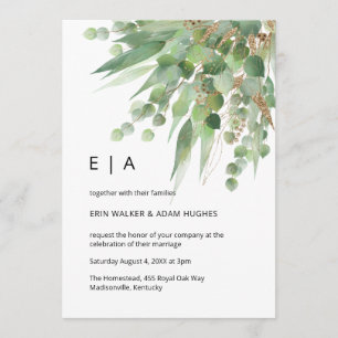 Watercolor eucalyptus green & gold leaves wedding invitation