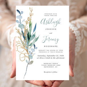 Watercolor Eucalyptus Green Gold Wedding Invitation