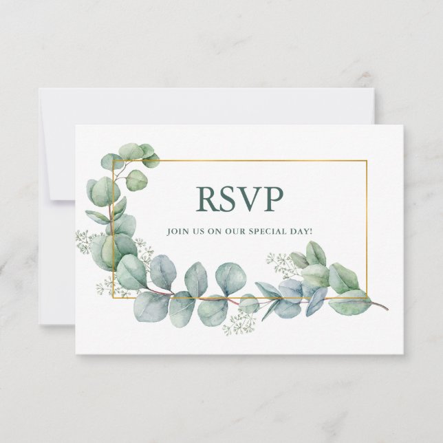 Watercolor Eucalyptus Green Gold Wedding Meal RSVP Card (Front)