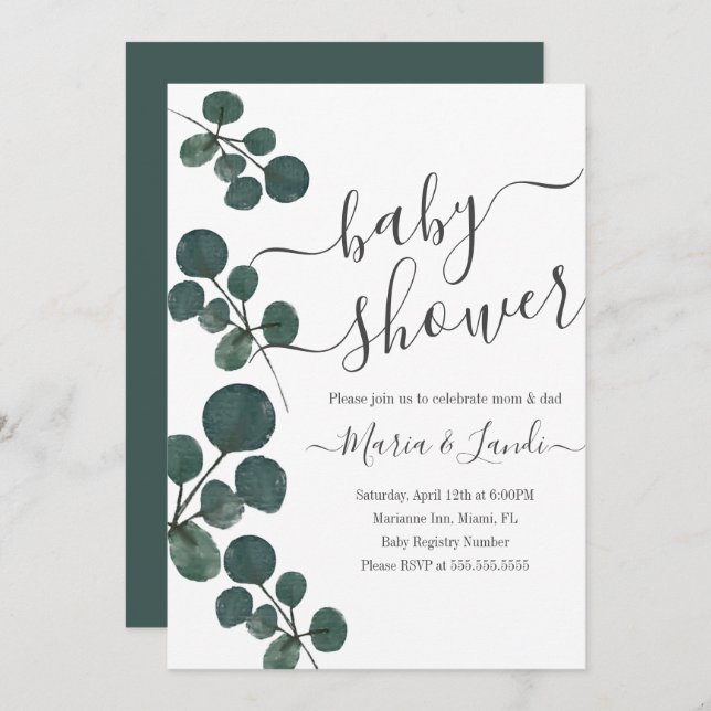 Watercolor Eucalyptus Green Script Baby Shower Invitation (Front/Back)