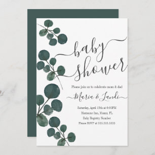 Watercolor Eucalyptus Green Script Baby Shower Invitation