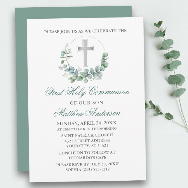 Watercolor Eucalyptus Green Silver First Communion Invitation (Customize to change text color, size, style or to change color of back of card.)