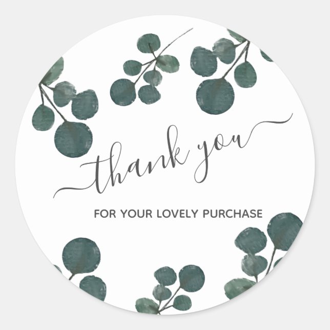 Watercolor Eucalyptus Green Thank You   Business Classic Round Sticker (Front)