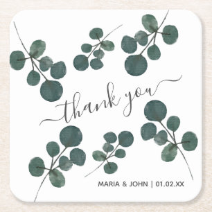 Watercolor Eucalyptus Green Thank You     Square Paper Coaster