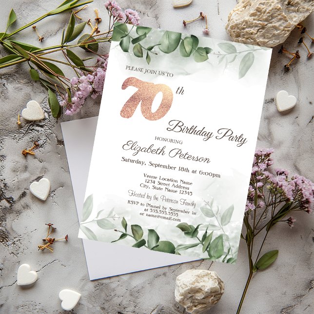 Watercolor Eucalyptus Greenery 70th Birthday Party Invitation (Creator Uploaded)