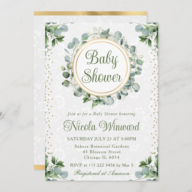 Watercolor Eucalyptus Greenery Baby Shower Invitation (Front/Back)