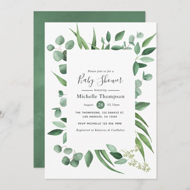Watercolor Eucalyptus Greenery Baby Shower Invitation (Front/Back)