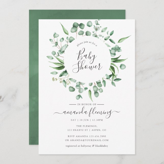 Watercolor Eucalyptus Greenery Baby Shower Invitation (Front/Back)