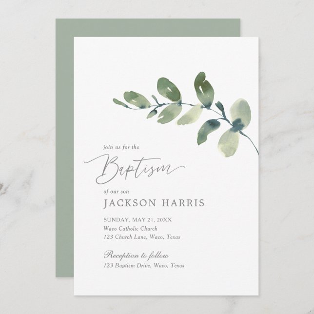 Watercolor Eucalyptus Greenery Baptism Invitation (Front/Back)