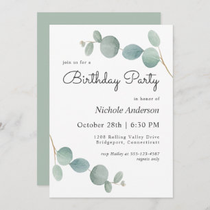 Watercolor Eucalyptus Greenery Birthday Party Invitation