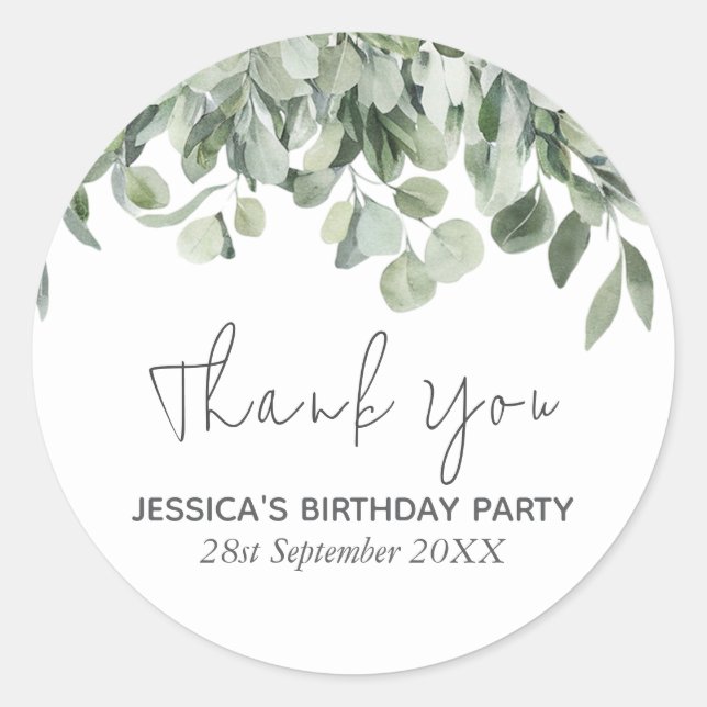 Watercolor Eucalyptus Greenery Birthday Thank You  Classic Round Sticker (Front)
