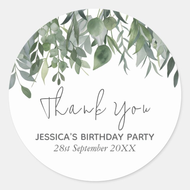 Watercolor Eucalyptus Greenery Birthday Thank You  Classic Round Sticker (Front)