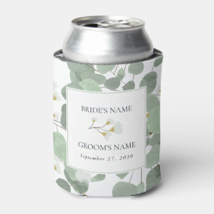 Watercolor Eucalyptus Greenery Blossoms Wedding Can Cooler