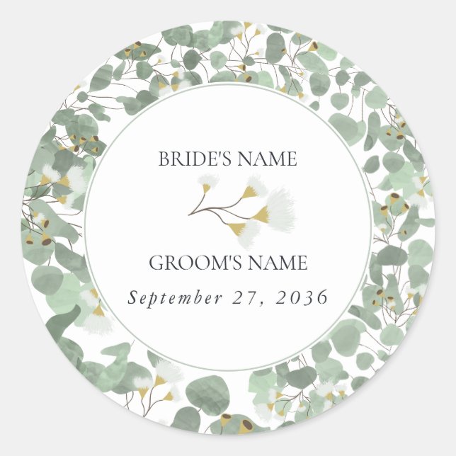Watercolor Eucalyptus Greenery Blossoms Wedding Classic Round Sticker (Front)