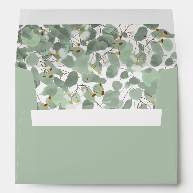 Watercolor Eucalyptus Greenery Blossoms Wedding Envelope (Back (Bottom))