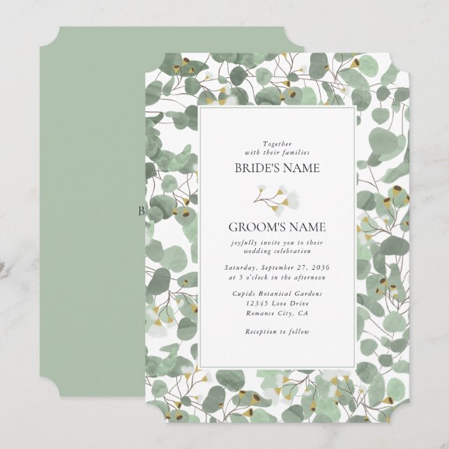 Watercolor Eucalyptus Greenery Blossoms Wedding Invitation (Front/Back)