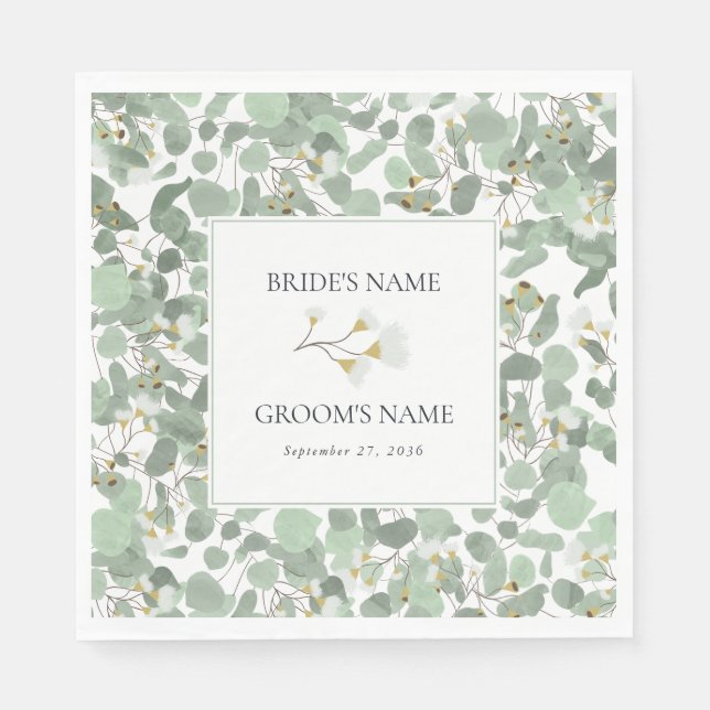Watercolor Eucalyptus Greenery Blossoms Wedding Napkin (Front)
