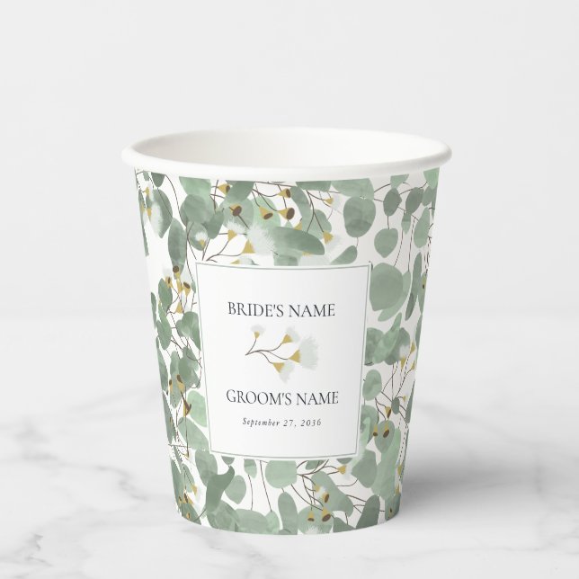 Watercolor Eucalyptus Greenery Blossoms Wedding Paper Cups (Front)