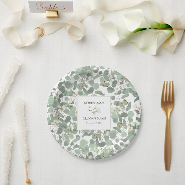 Watercolor Eucalyptus Greenery Blossoms Wedding Paper Plate (Wedding)