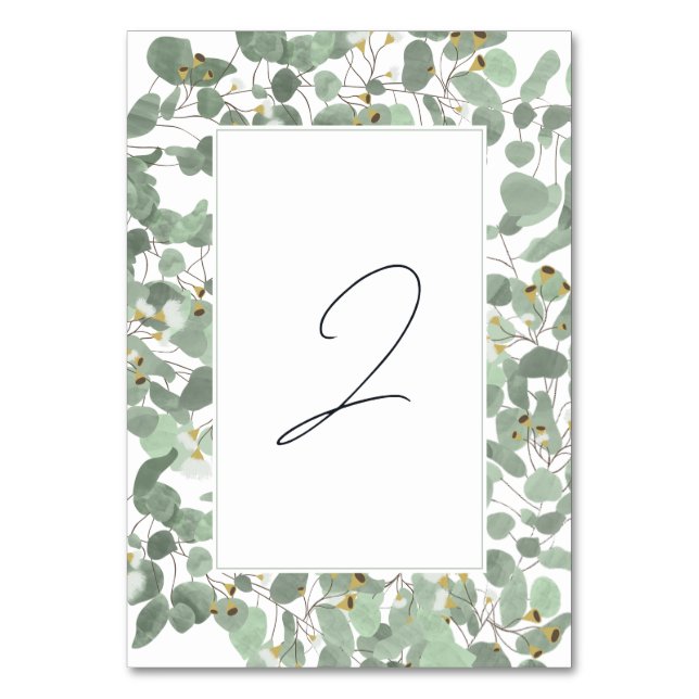 Watercolor Eucalyptus Greenery Blossoms Wedding Table Number (Front)
