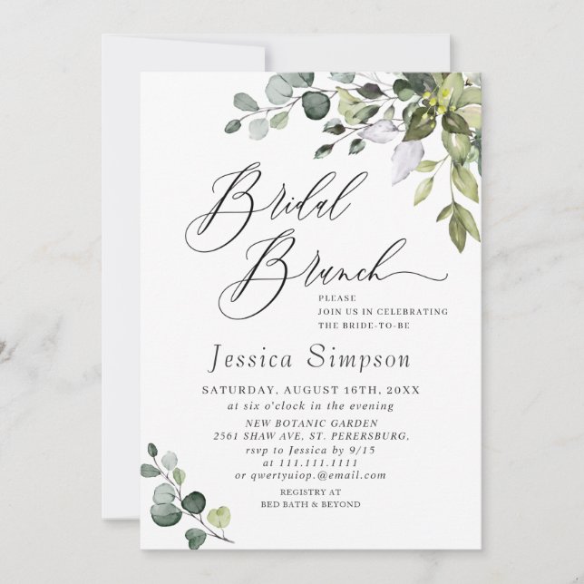 Watercolor Eucalyptus Greenery Bridal  Brunch Invitation (Front)