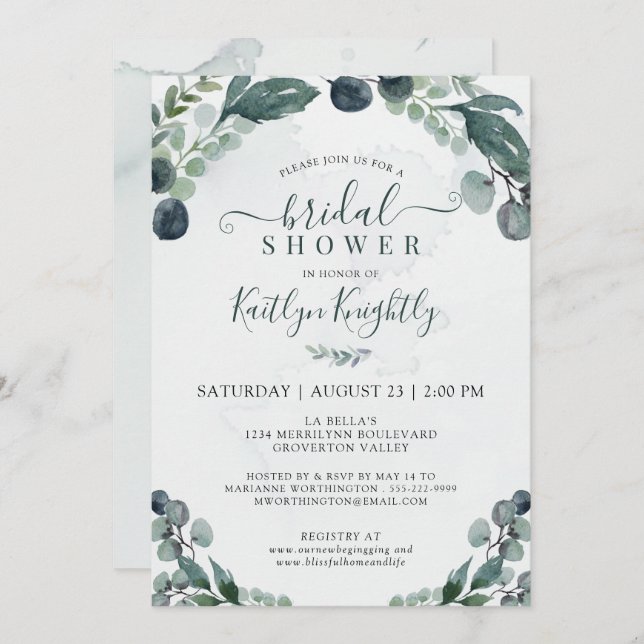 Watercolor Eucalyptus Greenery Bridal Shower Invitation (Front/Back)