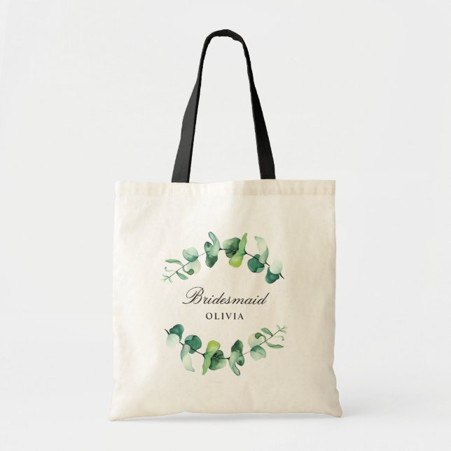 Watercolor Eucalyptus greenery bridesmaid Name Tote Bag (Front)