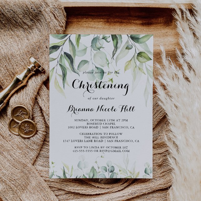 Watercolor Eucalyptus Greenery Christening  Invitation (Creator Uploaded)