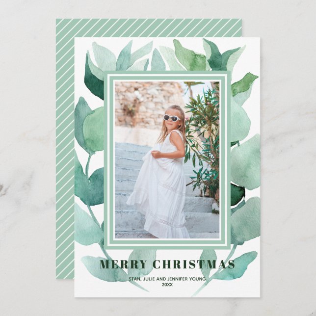 Watercolor Eucalyptus Greenery Christmas Photo Holiday Card (Front/Back)