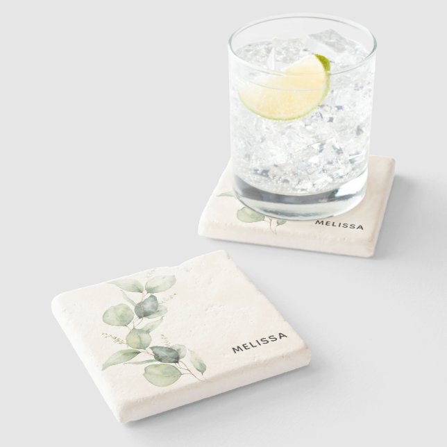 Watercolor Eucalyptus Greenery Custom Stone Coaster (Side)