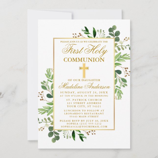 Watercolor Eucalyptus Greenery First Communion Invitation (Front)