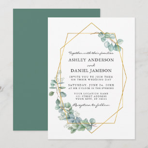 Watercolor Eucalyptus Greenery Gold Frame Wedding Invitation