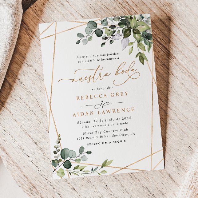 Watercolor Eucalyptus Greenery Gold Neustra Boda Invitation (Creator Uploaded)