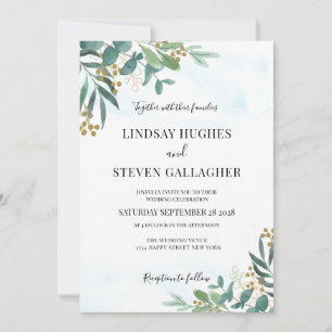 Watercolor Eucalyptus Greenery Gold Wedding  Invitation