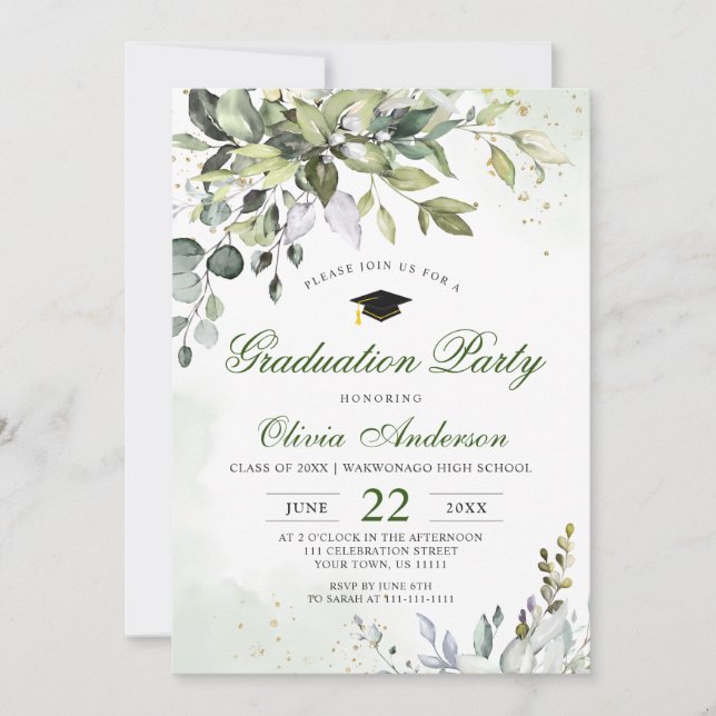 Watercolor Eucalyptus Greenery Graduation Party Invitation (Front)