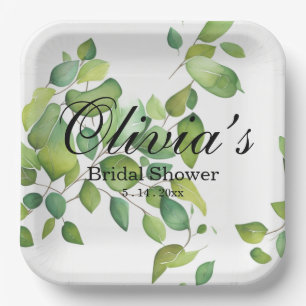 Watercolor eucalyptus greenery green foliage paper plate