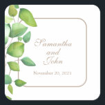 Watercolor eucalyptus greenery green foliage  square sticker<br><div class="desc">Watercolor eucalyptus greenery green foliage with elegant calligraphy script. Perfect for spring, summer, or fall events. Beautiful green foliage watercolor artwork for country, boho, garden, and floral theme occasions. To get started changing names and event details, click on "Personalise this template" and edit the wording in the template boxes. To...</div>