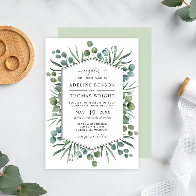 Watercolor Eucalyptus Greenery Hexagon Wedding Invitation (Creator Uploaded)