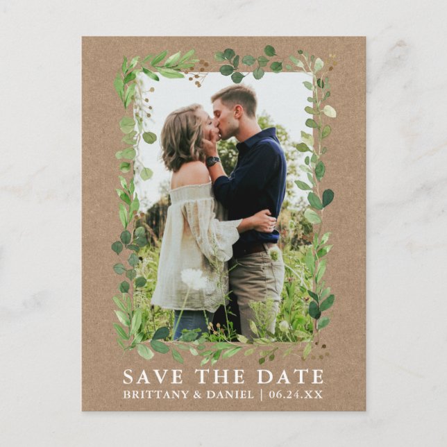 Watercolor Eucalyptus Greenery Kraft Save The Date Postcard (Front)
