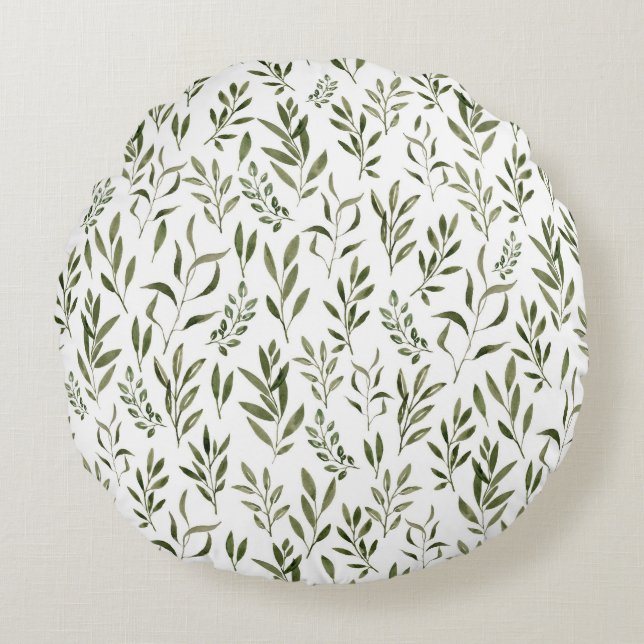 Watercolor Eucalyptus Greenery Leaves Pattern   Round Cushion (Front)