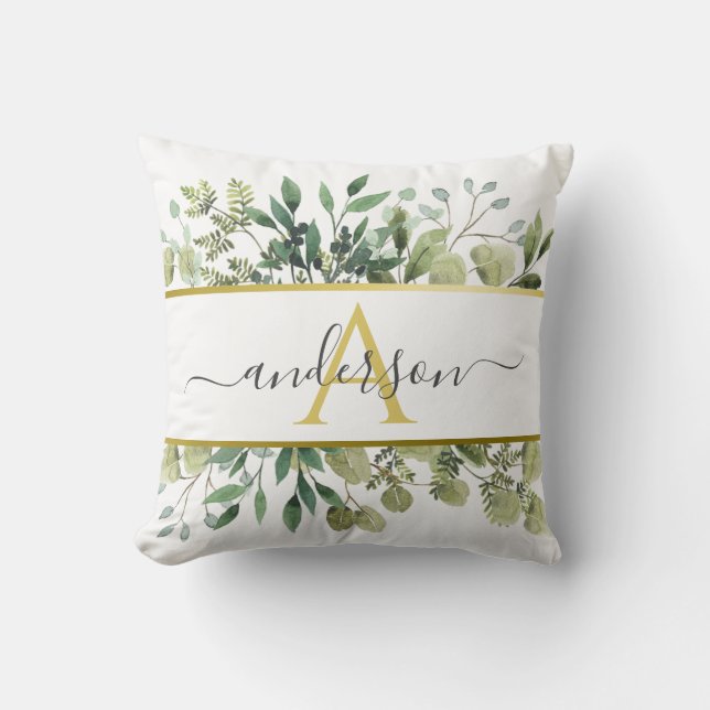 Watercolor Eucalyptus & Greenery | Monogram Cushion (Front)