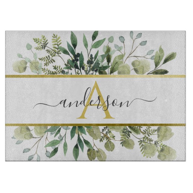 Watercolor Eucalyptus & Greenery | Monogram Cutting Board (Front)