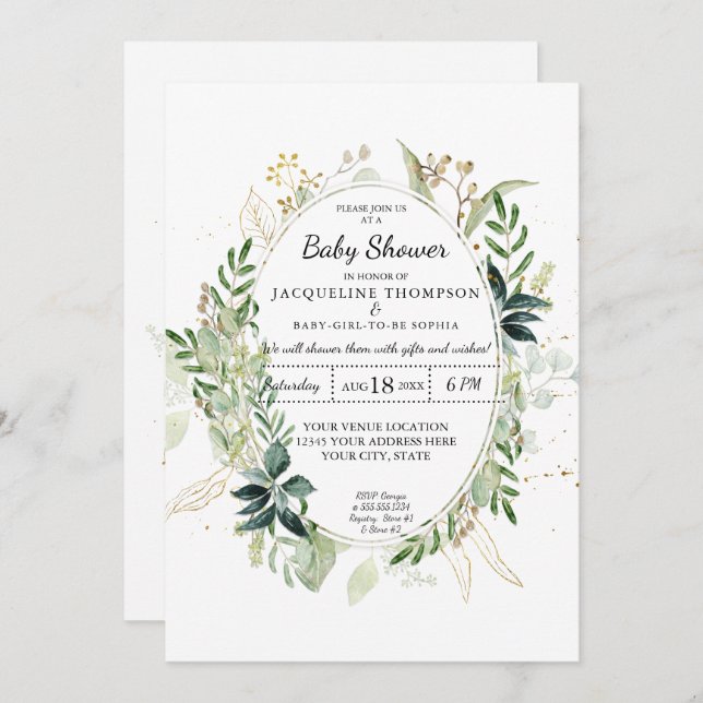Watercolor Eucalyptus Greenery n Gold Baby Shower Invitation (Front/Back)