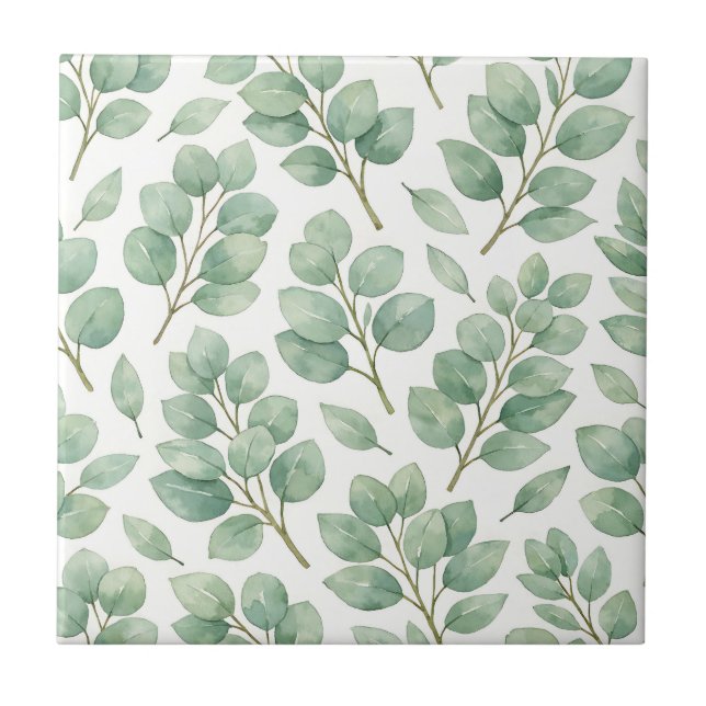 Watercolor Eucalyptus Greenery Pattern Ceramic Tile (Front)