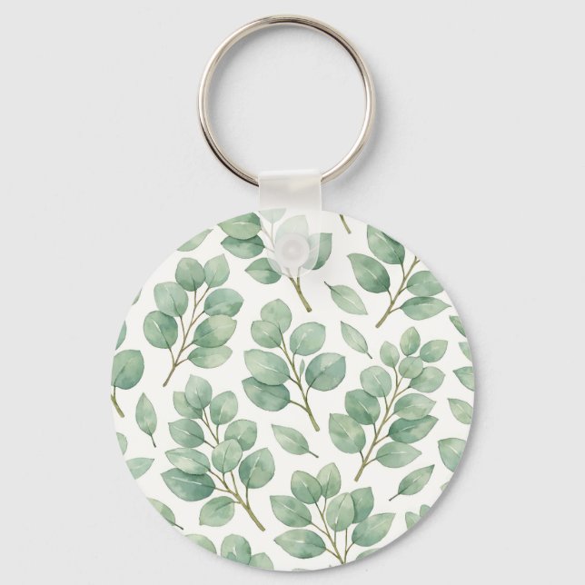 Watercolor Eucalyptus Greenery Pattern Key Ring (Front)