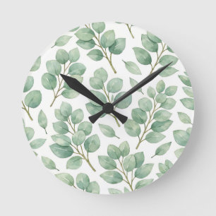 Watercolor Eucalyptus Greenery Pattern Round Clock