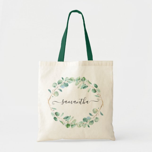 Watercolor Eucalyptus Greenery Personalised Tote Bag (Front)