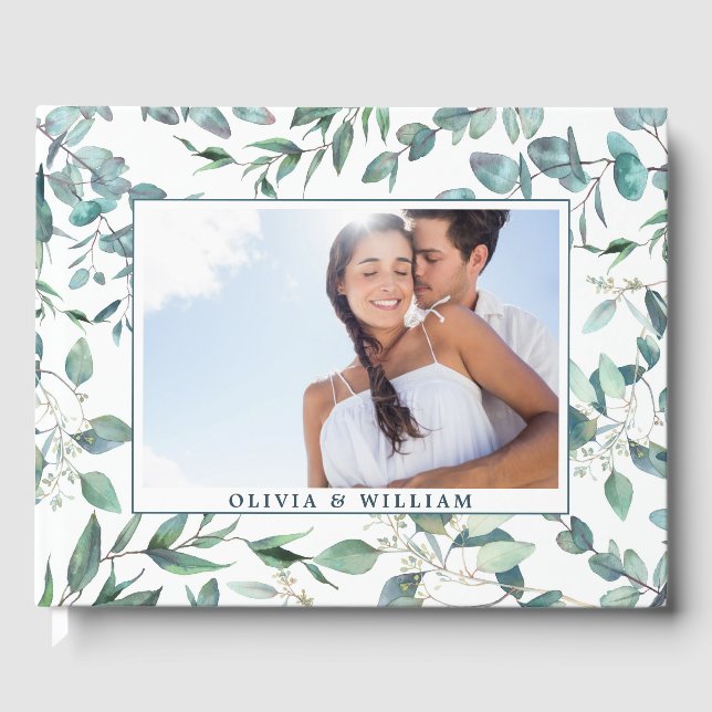 Watercolor Eucalyptus Greenery PHOTO Wedding Guest Guest Book (Front)