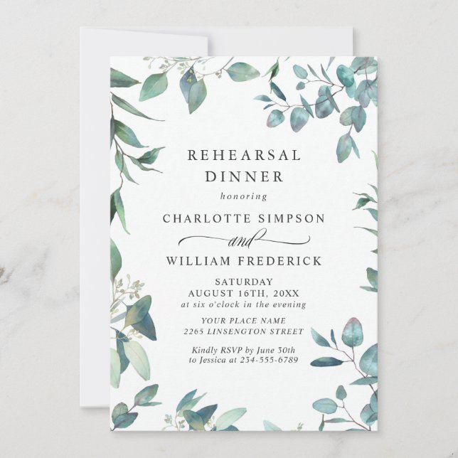 Watercolor Eucalyptus Greenery Rehearsal Dinner Invitation (Front)